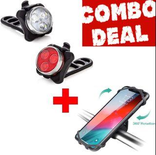 USB Rechargeable Front + Tail Back Light Set, Powerful + Phone Holder