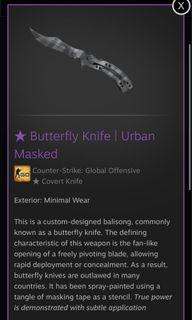 WTS CSGO Butterfly knife urban masked MW