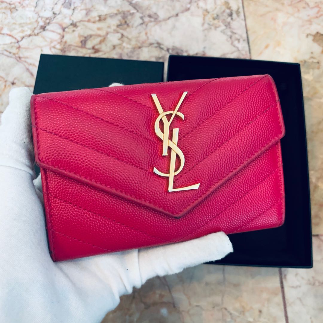 Auth Saint Laurent Fold Purse #5801 Small Mini Wallet YSL Pink/Silver  Leather