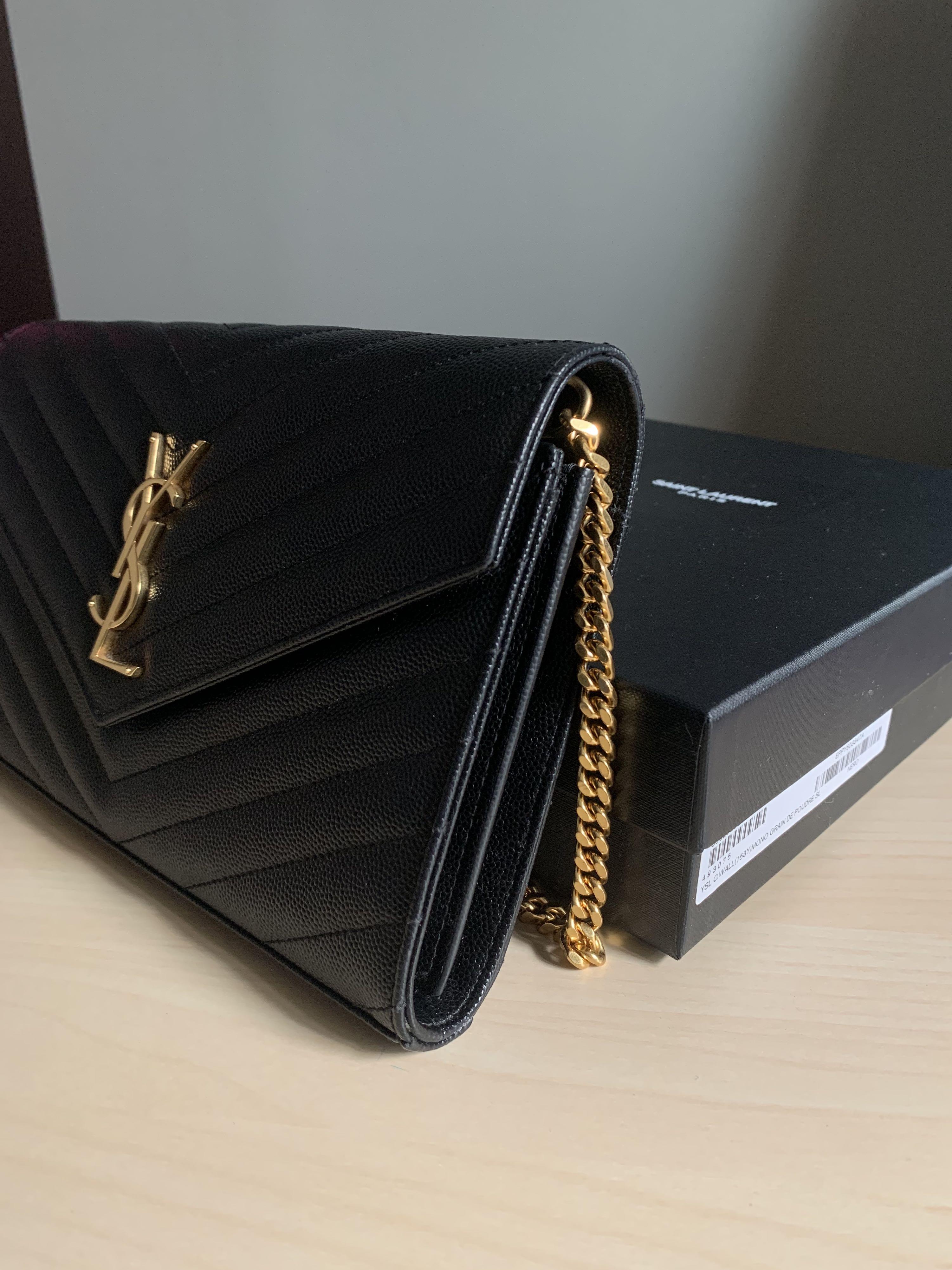 Saint Laurent Monogram YSL Large Grain de Poudre Leather Wallet on Chain