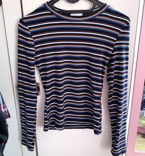 blue striped long sleeve top / kaos lengan panjang garis garis ribbed rib cropped crop tee