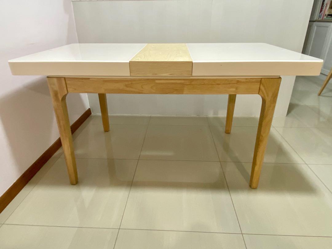 Dining Table (Extendable) (Category: Tables & Sets) located in Singapore. Submitted by meitingwa (Listing ID 1045826699, Image 1). Description: Dining Table L120, W80, H75, extendable to L150 with pull-out wooden panel built-in. Tempered glass table surface, Solid Wood structure & legs, Scandinavian or Minimalist design! Original price $599 Cash on Self-collect or delivery arranged by buyer..