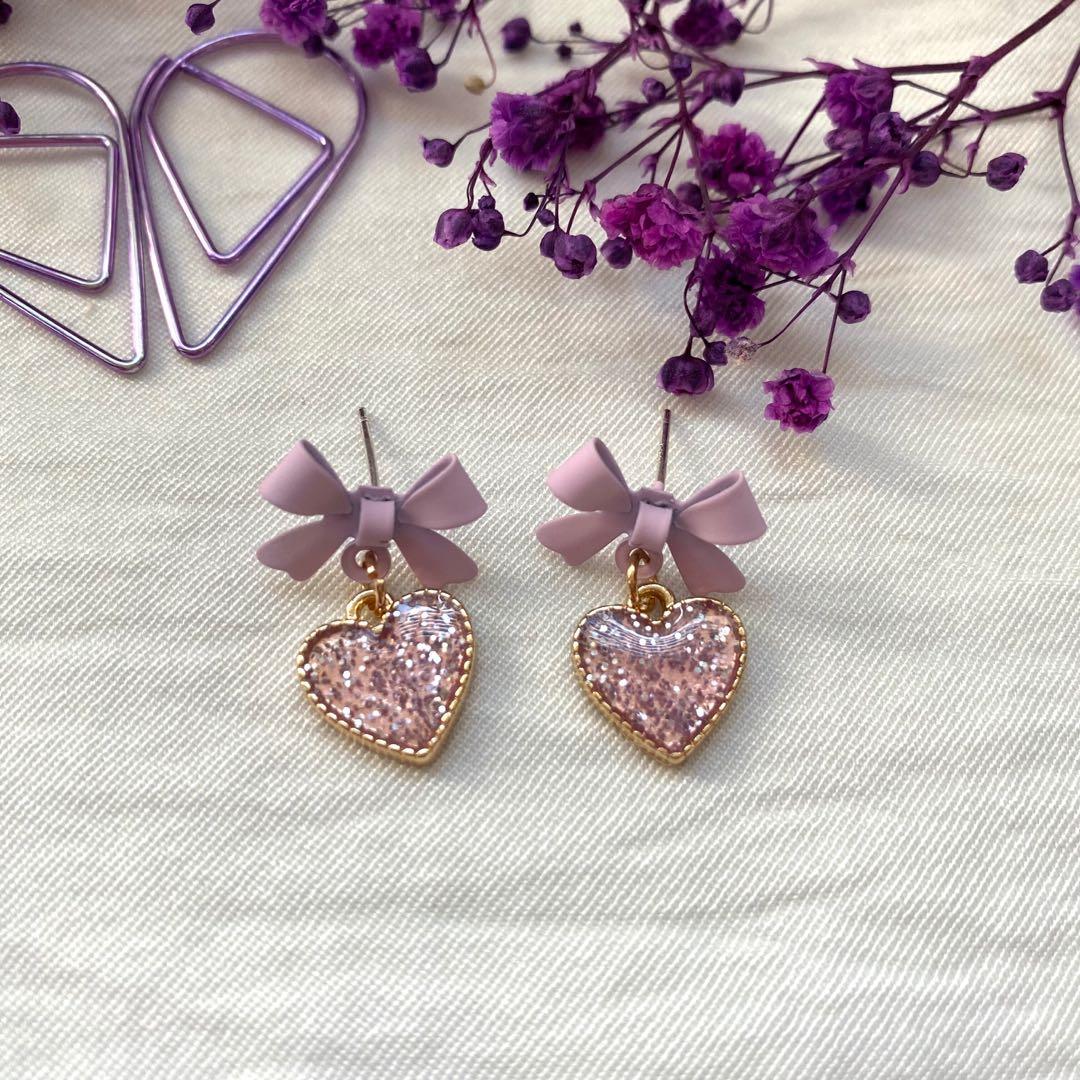 Purple lilac ribbon and sparkling hearts earrings dainty small