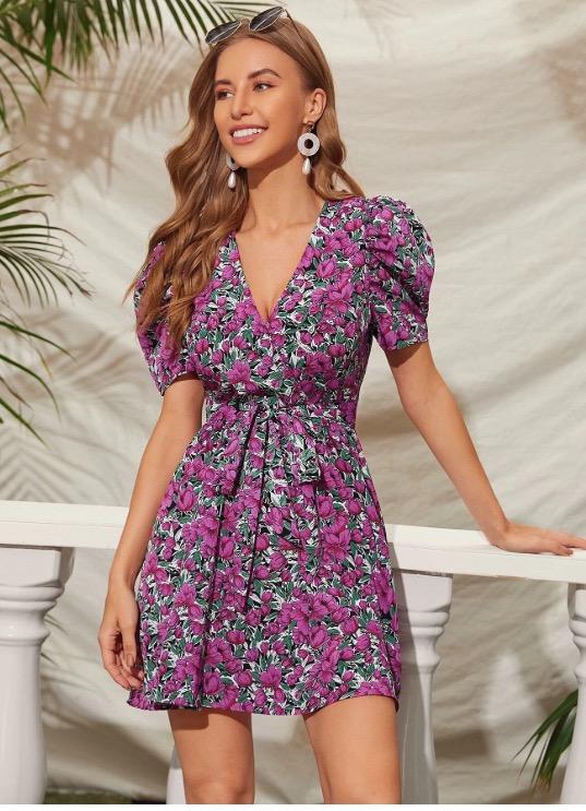 SHEIN Floral Print Puff Sleeve Dress