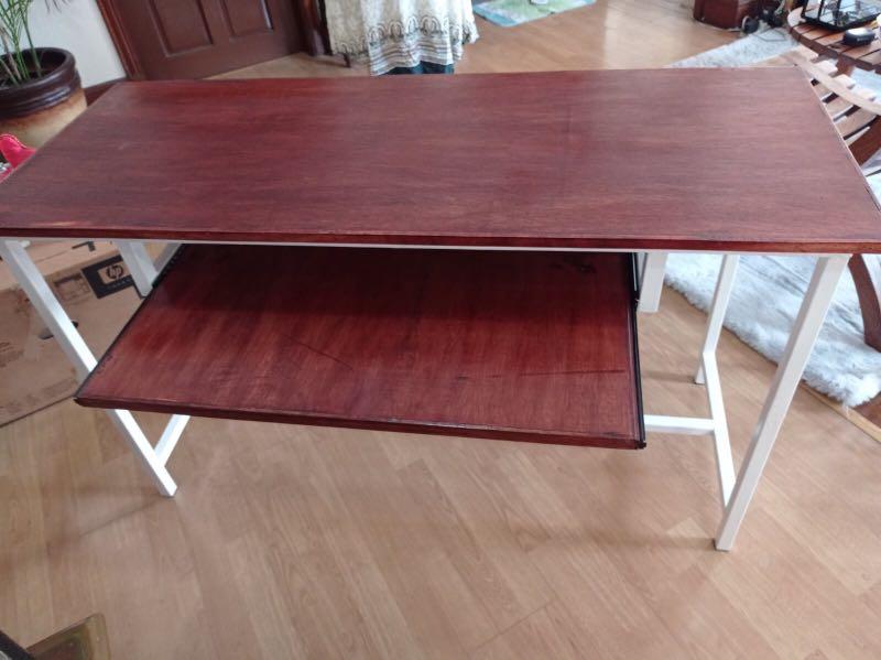 Desk with keyboard rack (Category: Tables & Sets) located in Quezon City. Submitted by c.millora (Listing ID 1039279304, Image 2). Description: Desk ideal for remote learning or work-from-home. Made of 1x1 high grade tubular steel and 3/4 marine plywood (more durable than mdf or particle boards. Dimensions: Table top: 127cm length x 53cm width (more than enough space for a laptop, monitor, led lamp, printer, etc) Keyboard rack: 70cm length x 35cm