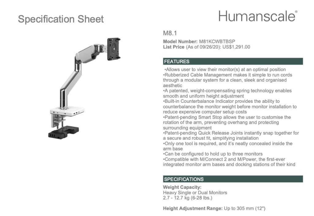Humanscale single monitor arm with M/2 Connect, Computers & Tech, Parts ...