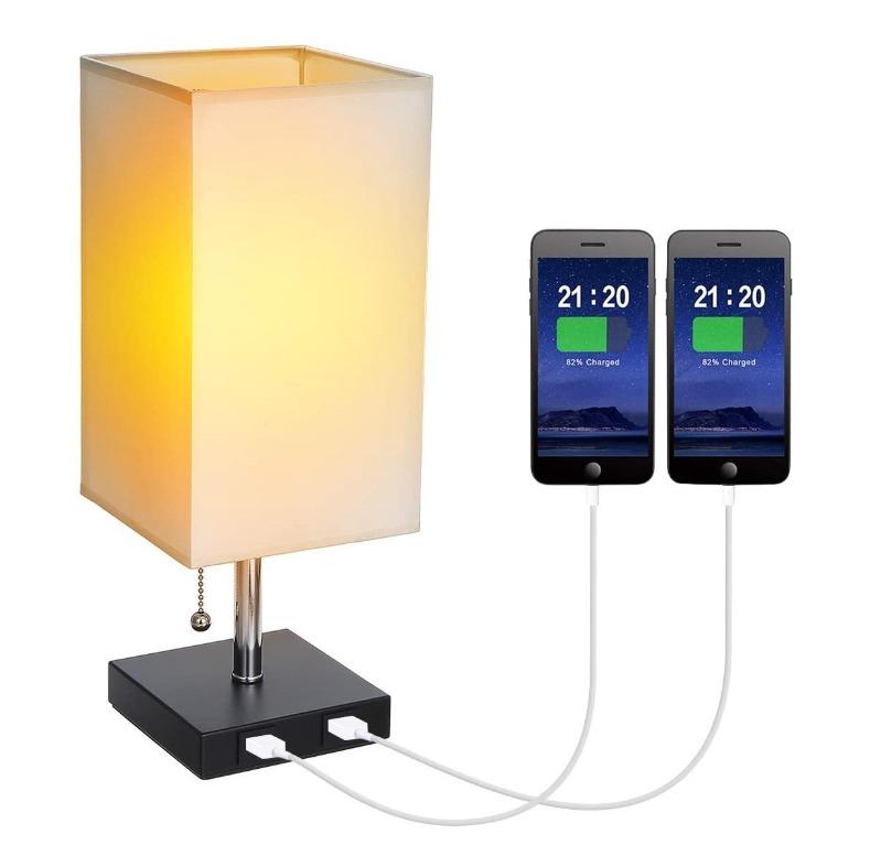 Usb Bedside Table Lamp Tomshine Modern Desk Lamp For Bedroom Living Room Light With 2 Usb Charging Port E27 Beige Fabric Lamp Shade With Pull Chain Nightstand Lamp Bulb Not Included Furniture Home Decor