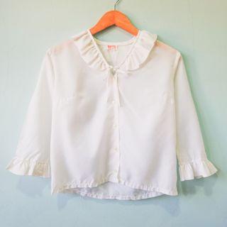 ✨[White Blouse]✨Plain V Neck 3/4 Frill Sleeve Partial See through Blouse
