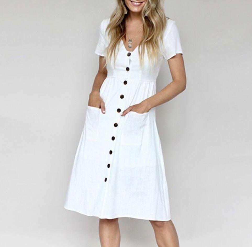 white linen button through dress