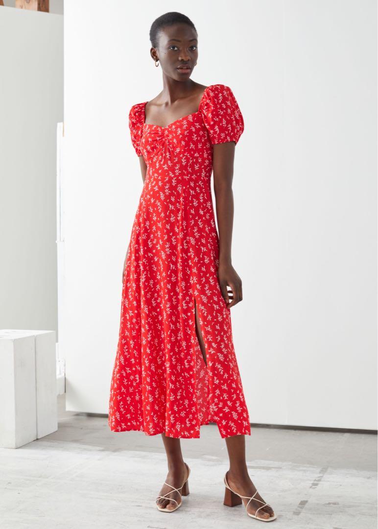 Flowy puff sleeve midi dress clearance
