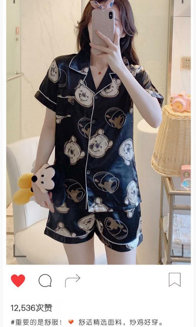 Black Disney Winnie the Pooh Silky Silk Pajamas Pyjamas Short Sleeve Short Pants Sleepwear Women s Fashion New Undergarments Loungewear on Carousell
