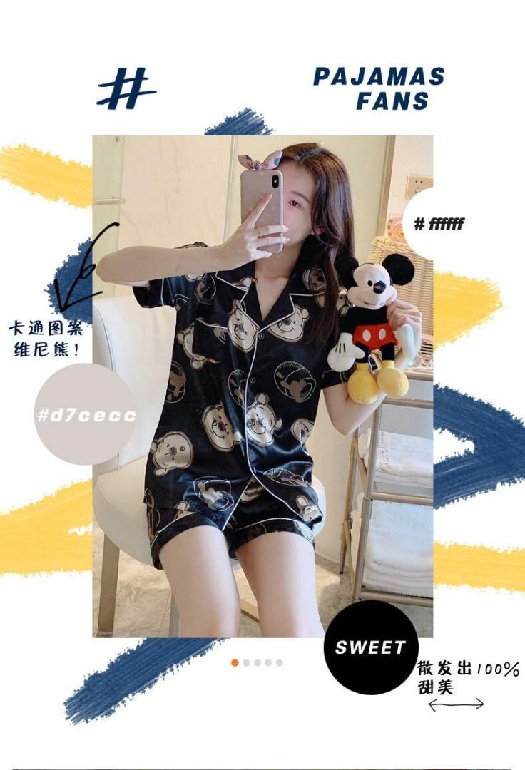 Black Disney Winnie the Pooh Silky Silk Pajamas Pyjamas Short Sleeve Short Pants Sleepwear Women s Fashion New Undergarments Loungewear on Carousell