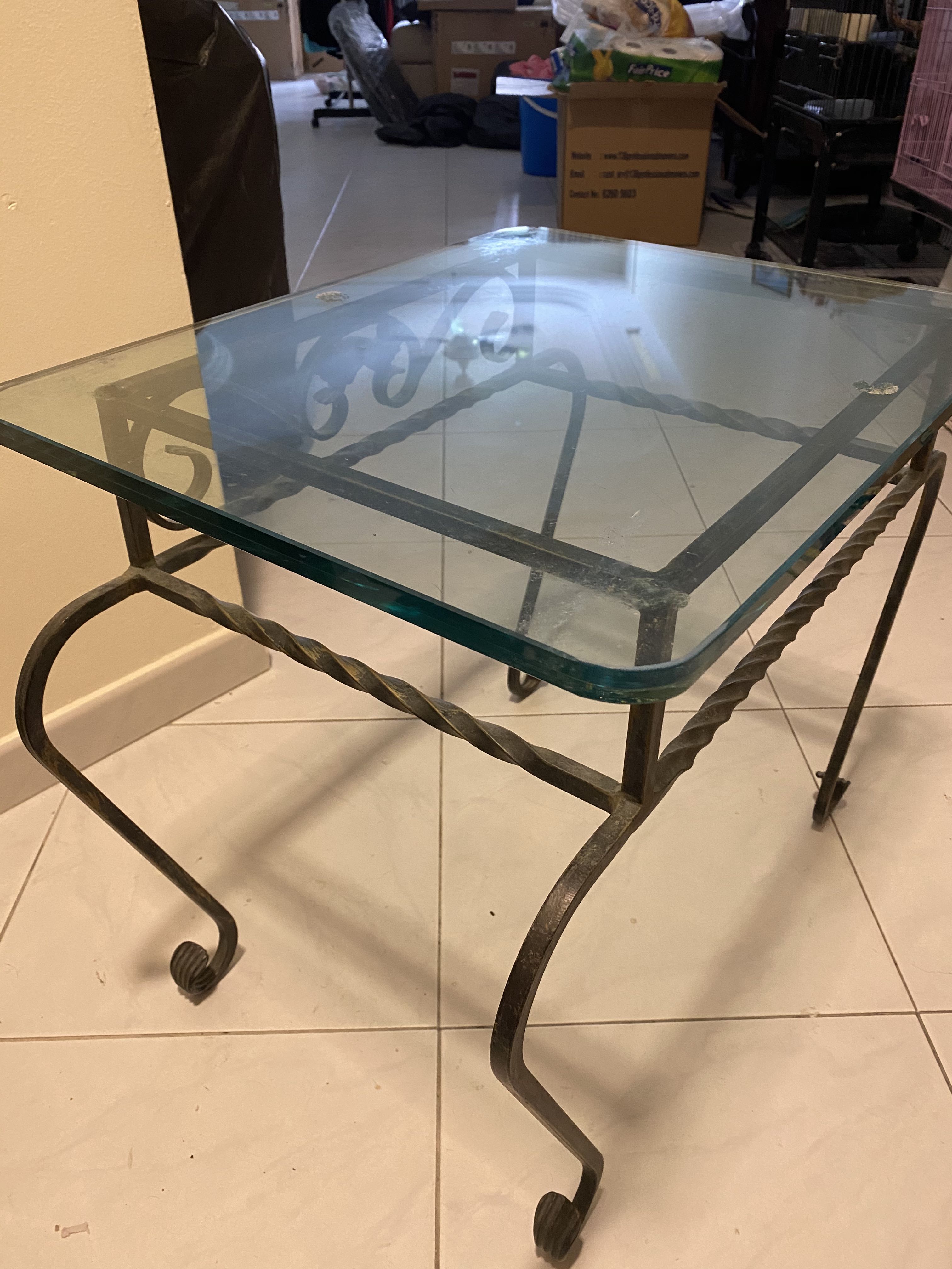 Glass Coffee Table with Cast Iron Frame X2, Furniture & Home Living