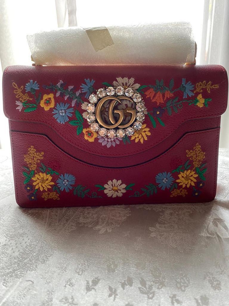 Gucci Linea Small Ricami Floral Embroidered Hibiscus Red Multi Leather Shoulder Bag Authentic and Brand New Luxury Bags Wallets on Carousell
