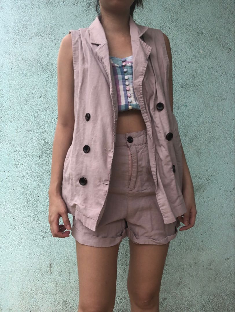 Linen vest and shorts set, Women's Fashion, Bottoms, Shorts on Carousell