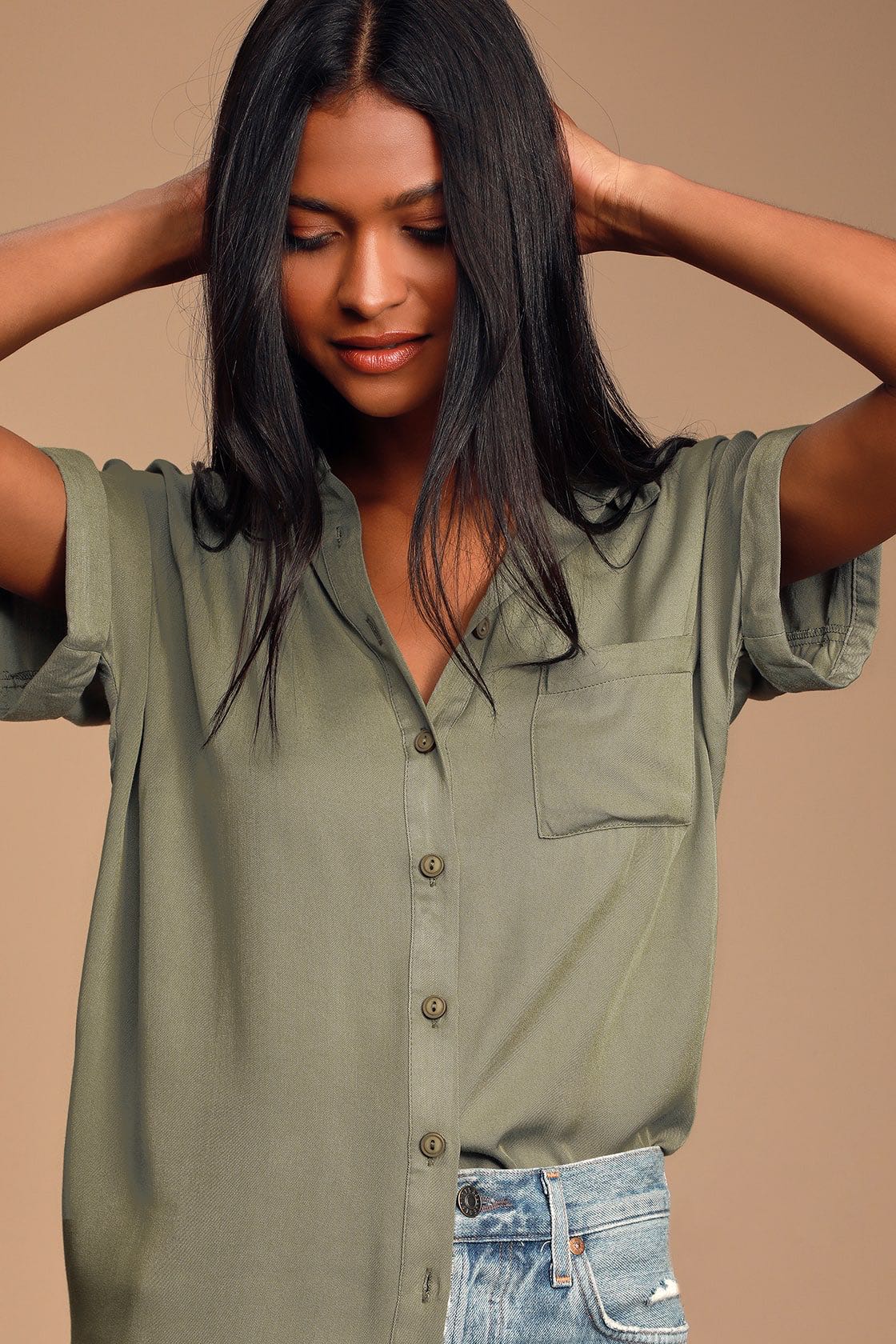 Olive green button up shirt women's clearance