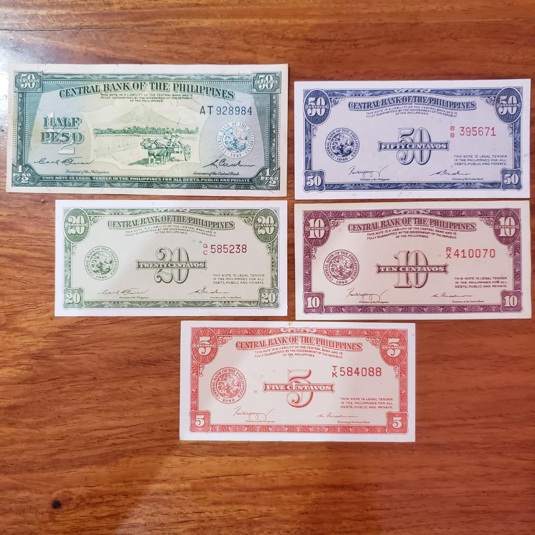 CRISP UNC NOTES PHILIPPINES 1949 ENGLISH SERIES TYPE SET 1-2-5-10-20 & 50 PESO 