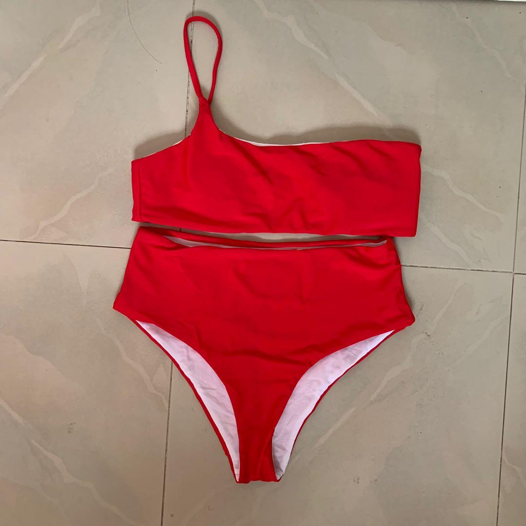red high waisted two piece swimsuit