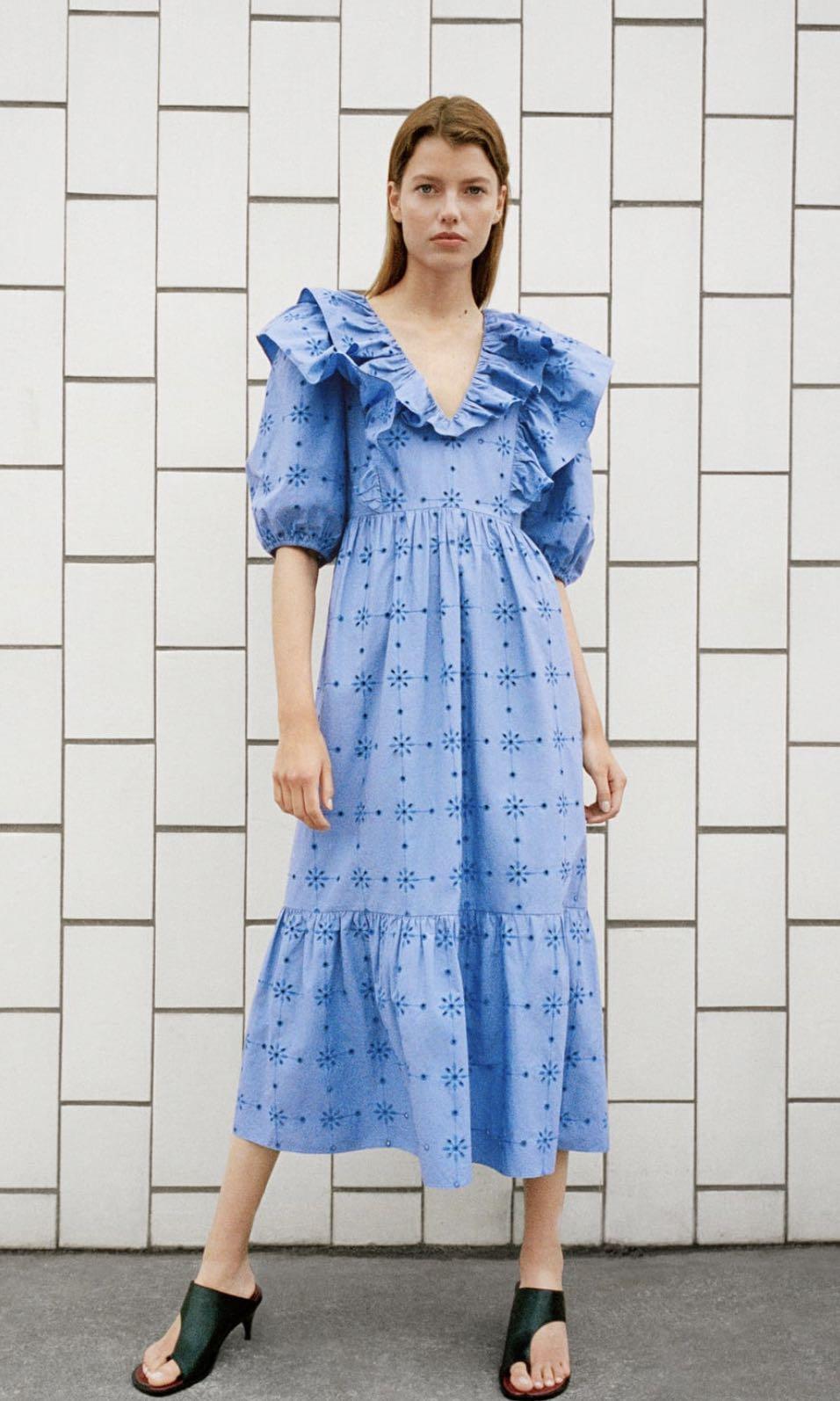 Zara Broidery Ruffle Dress Blue, Women ...