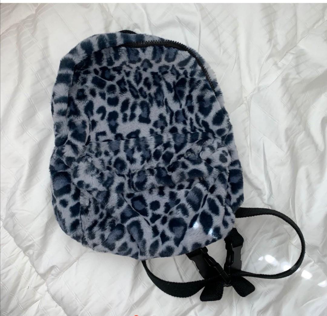 Brandy Melville Faux Fur Blue Brown Leopard Print Mini Backpack