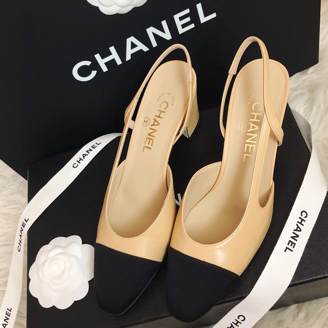 Chanel Goatskin and Grosgrain Beige & Black Slingback Heels, Women's  Fashion, Footwear, Heels on Carousell
