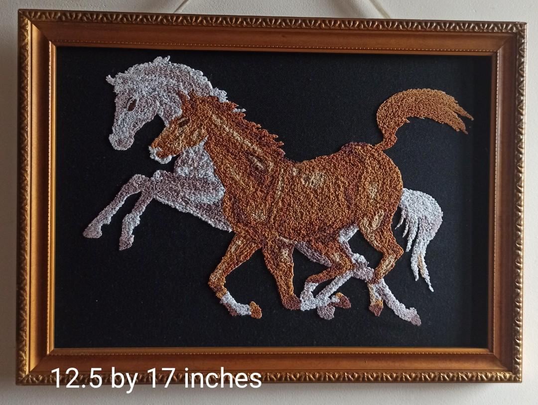 Framed horse needlework (Category: Frames & Pictures) located in Manila. Submitted by pearlanddean (Listing ID 1039709433, Image 1). Description: 12.5 by 17 inches Wood frame with glass Has a little scratch/chip at the bottom left. See 2nd pic Buyer to shoulder sf Location QC.