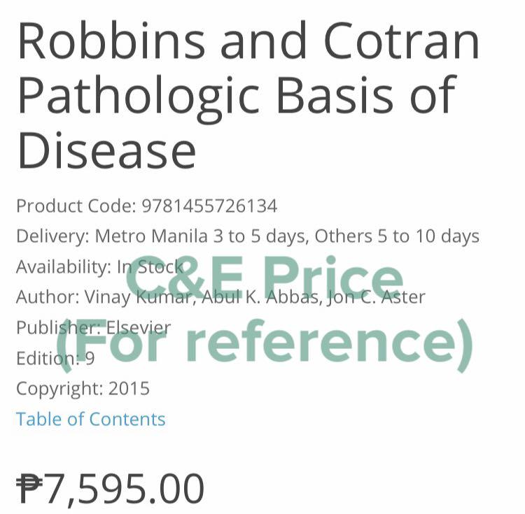 Pathologic Basis of Disease 9e by Robbins and Cotran (Category: Textbooks) located in Mandaluyong City. Submitted by thesunshines (Listing ID 1039395129, Image 2). Description: ‼️LAST PRICE POSTED‼️ 📖 Item: Pathologic Basis of Disease 9e by Robbins and Cotran ⚠️Condition: Original hardbound book from C&E. Very minimal highlights (total highlights is less than 1 chapter), no torn pages, no missing pages. Please see photos for sample page. Stored 