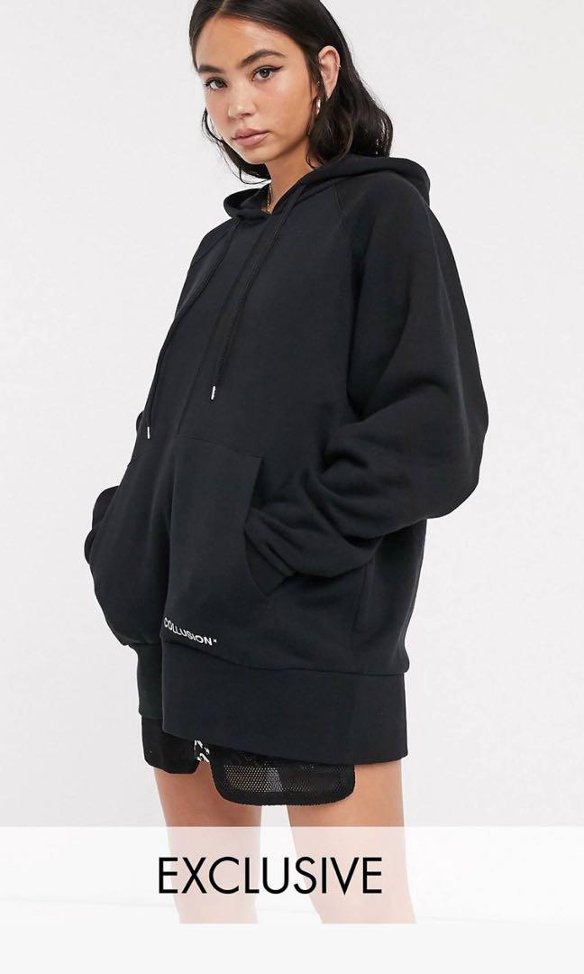 Collusion oversized black hoodie with brand print clearance