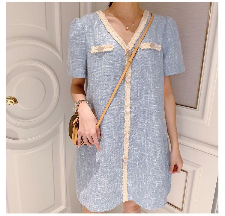 princess polly baby blue dress Baby Blue Tweed Dress with Trimmings, Women's Fashion, Tops, Sleeveless on  Carousell