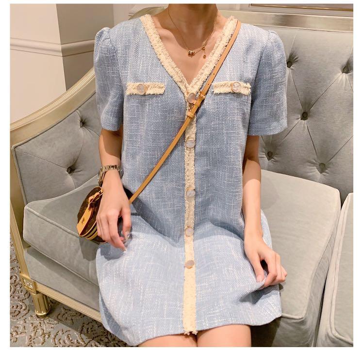 Baby Blue Tweed Dress with Trimmings, Women's Fashion, Tops, Sleeveless on  Carousell