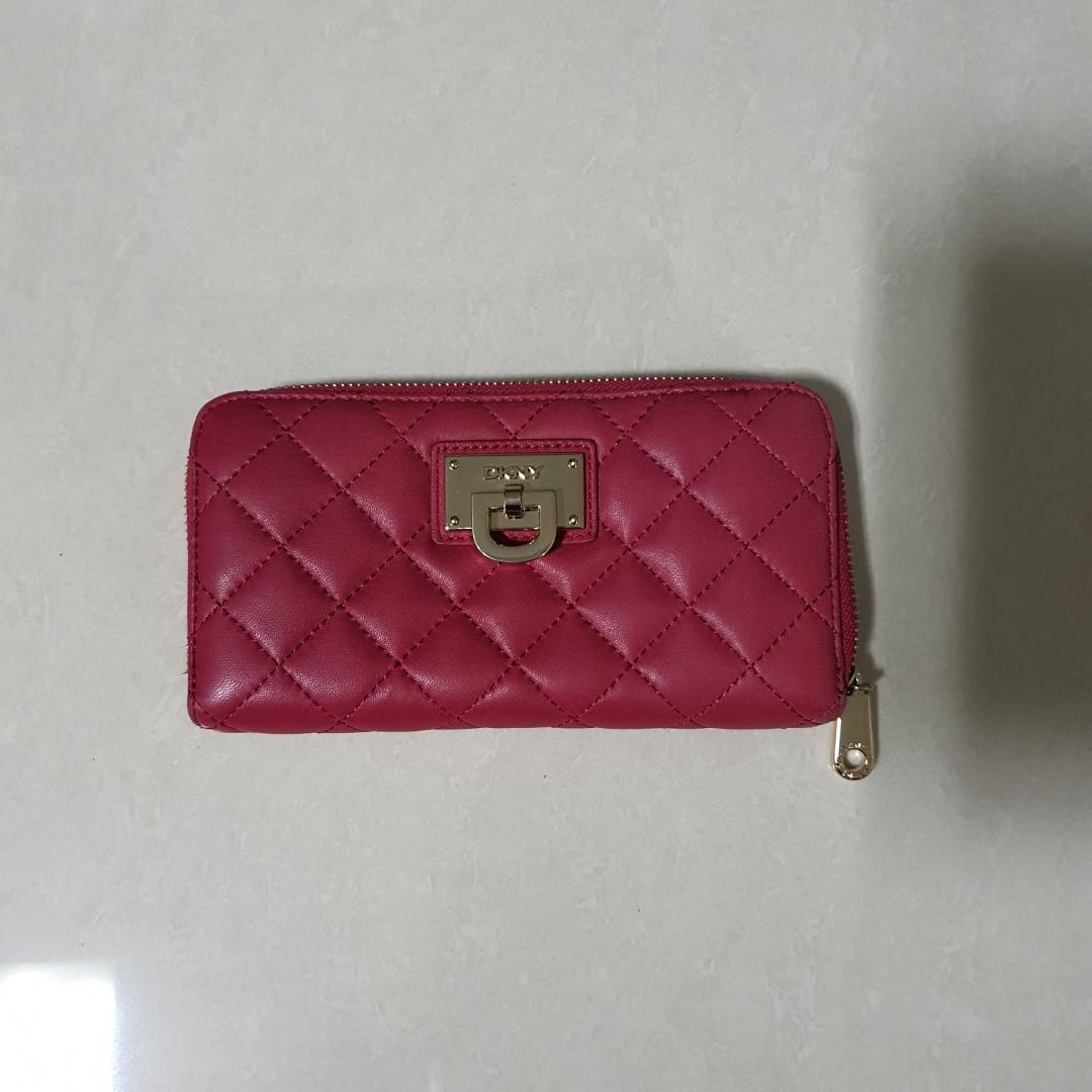 DKNY Fuchsia Pink Quilted Long Wallet, Women's Fashion, Bags
