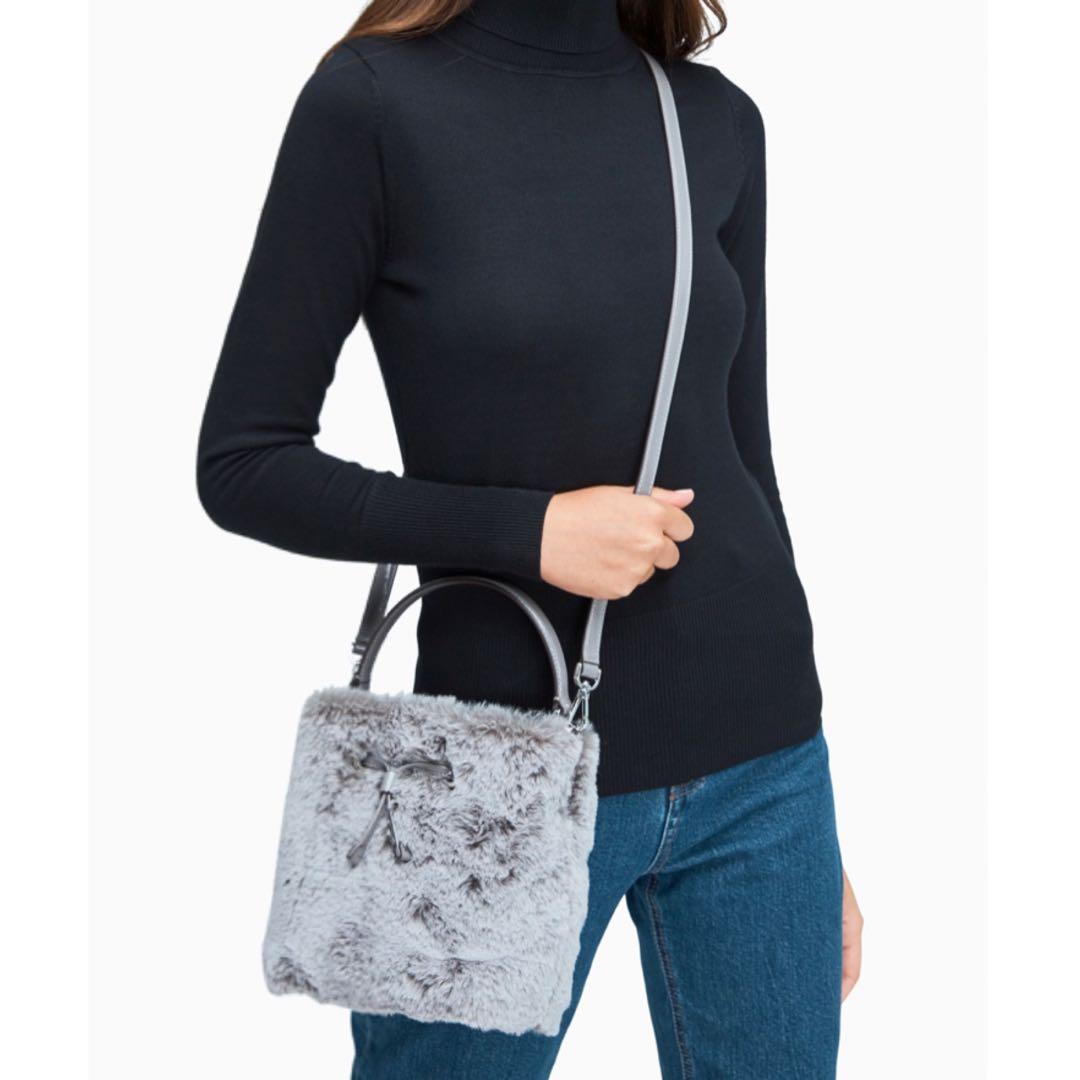 Kate Spade Eva Faux Fur Small Bucket Bag Crossbody Slingbag Grey Cat