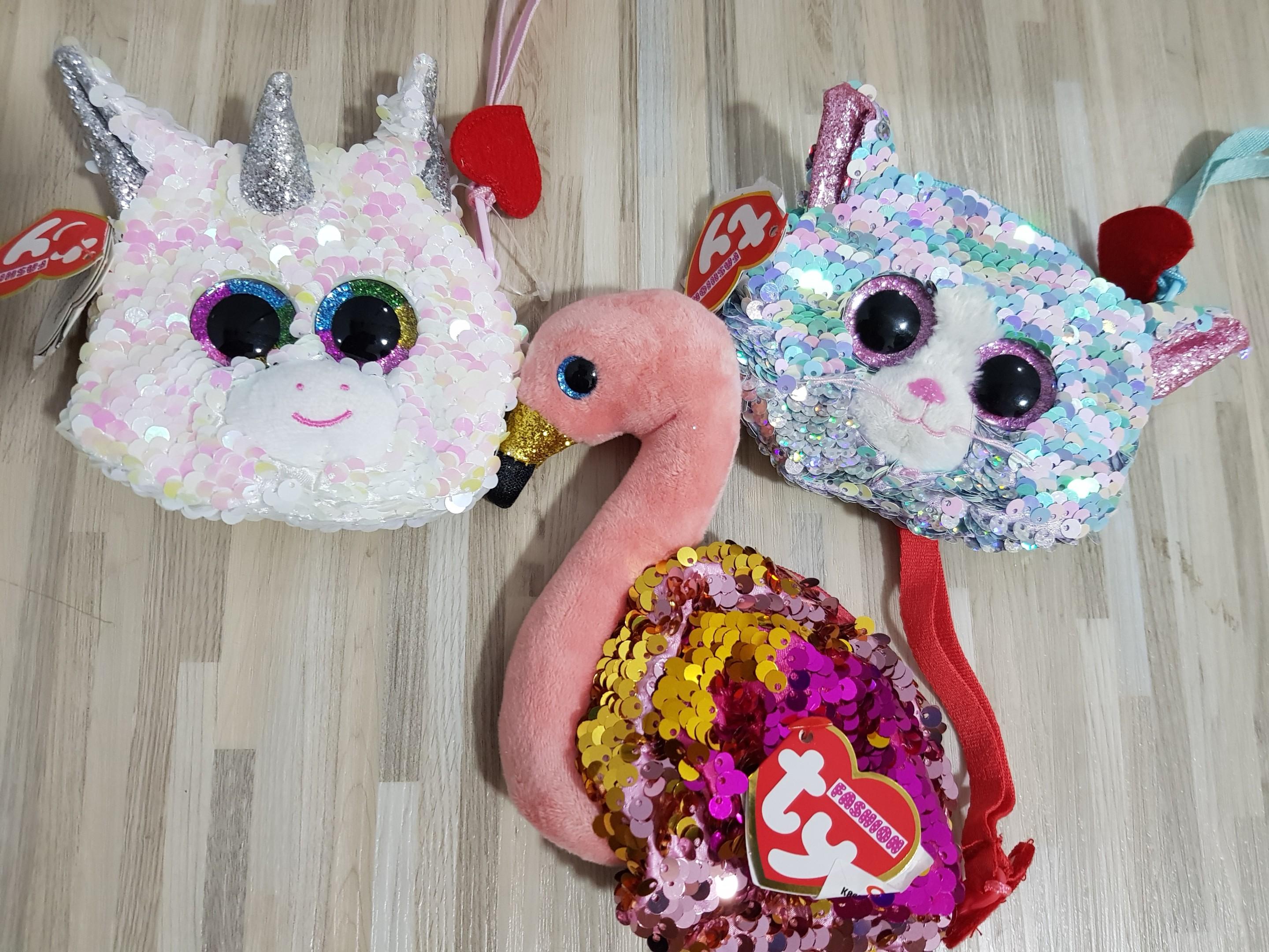 TY 2 sided Sequin Wristlet Unicorn Flamingo Cat Glitter Babies