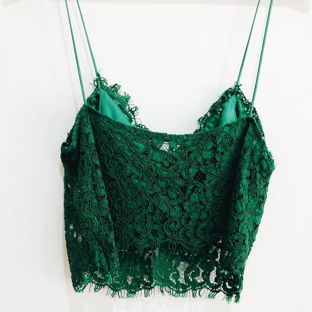 Zara Emerald Green Brocade Cropped Strappy Top Women S Fashion Tops Sleeveless On Carousell