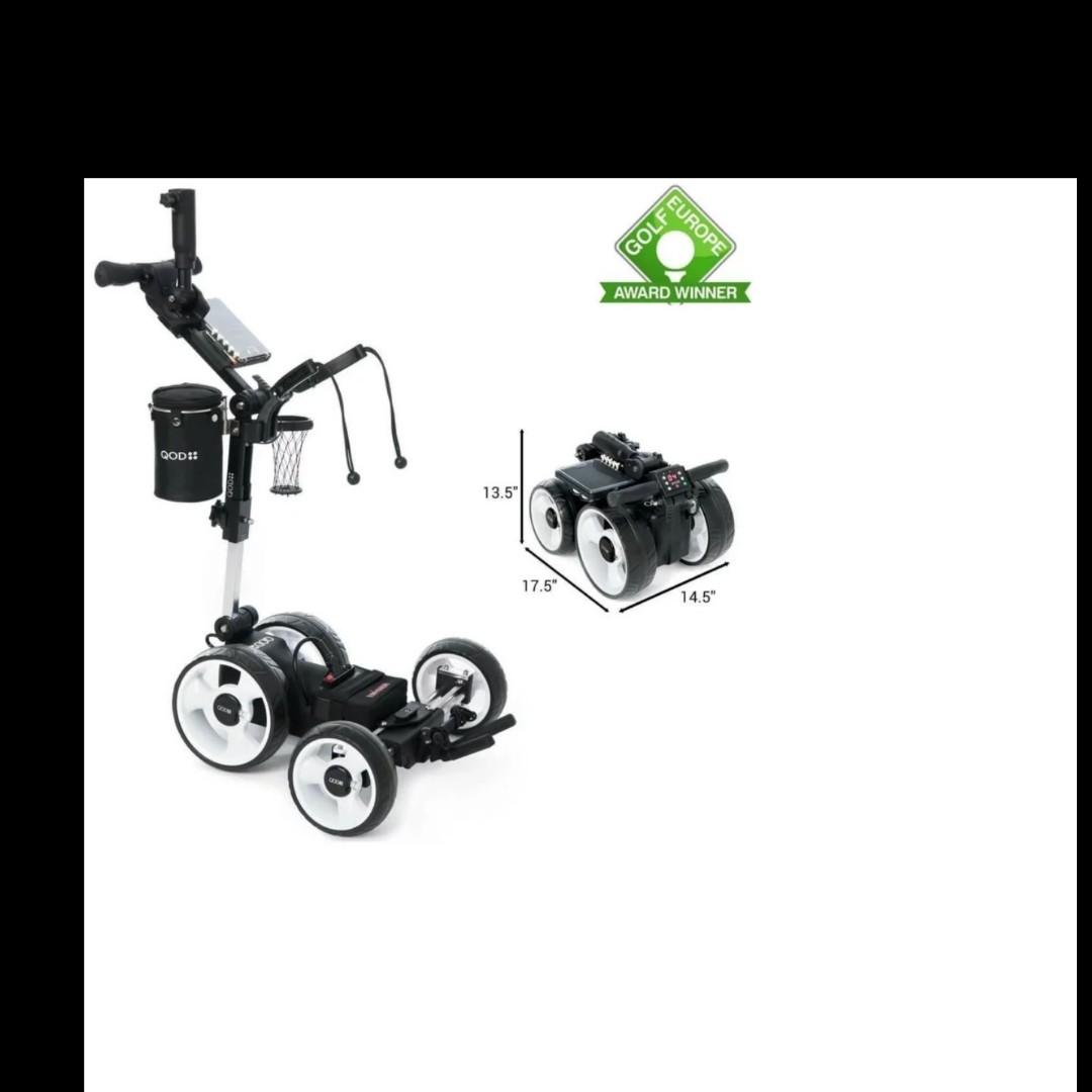 QOD electric golf trolleys. Accessories like water bottle and umbrella