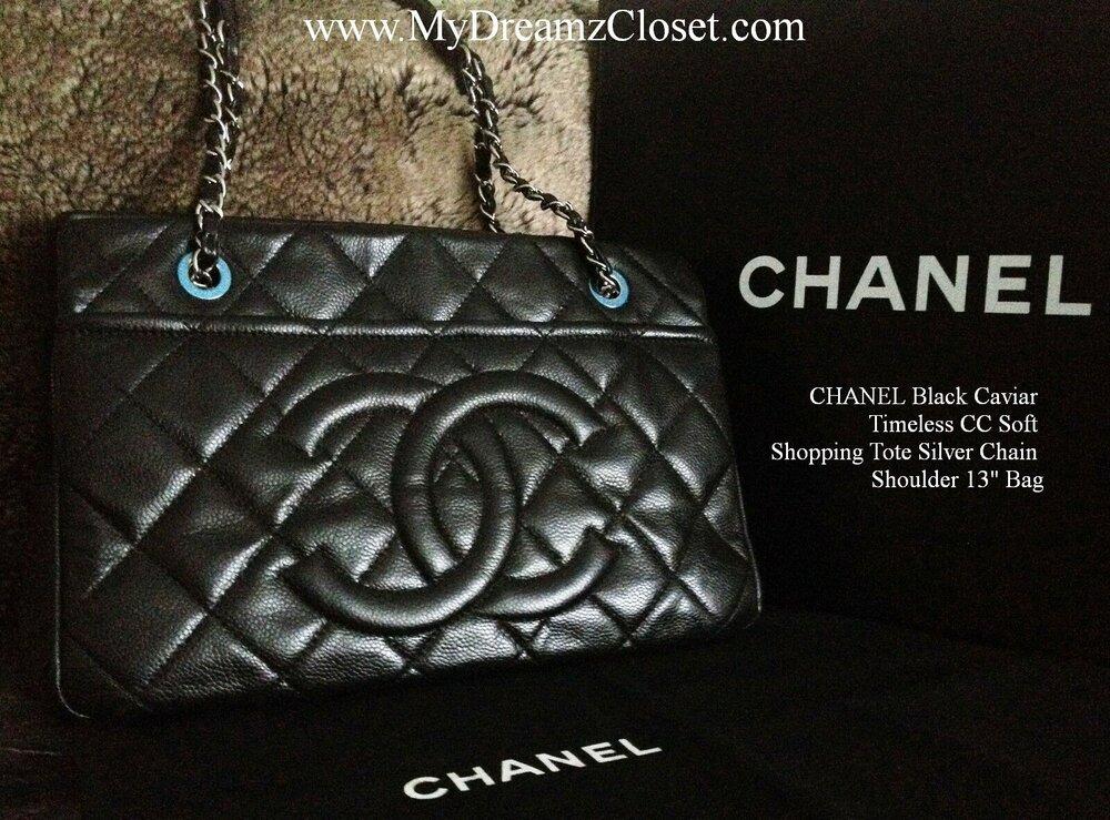 14. CHANEL Black Caviar Timeless CC Soft Shopping Tote Silver