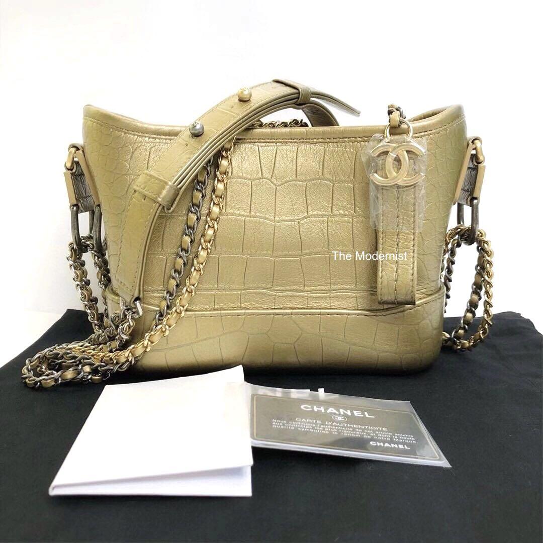 Authentic Chanel Gold Croc Embossed Small Gabrielle Hobo Bag