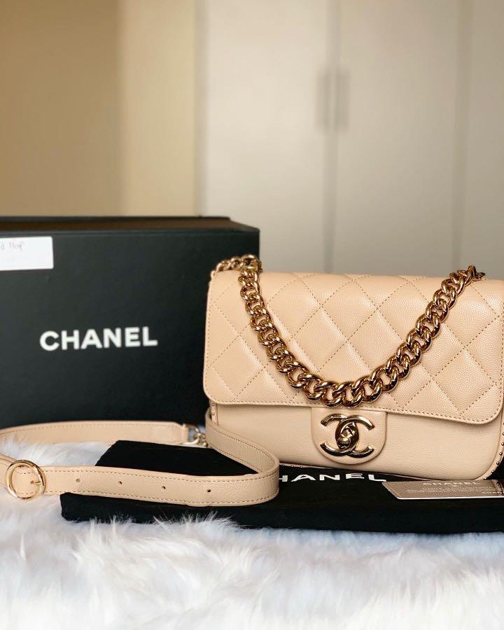 Authentic Chanel Quilted Caviar Small Studded Flap in Beige Champagne GHW,  Luxury, Bags & Wallets on Carousell