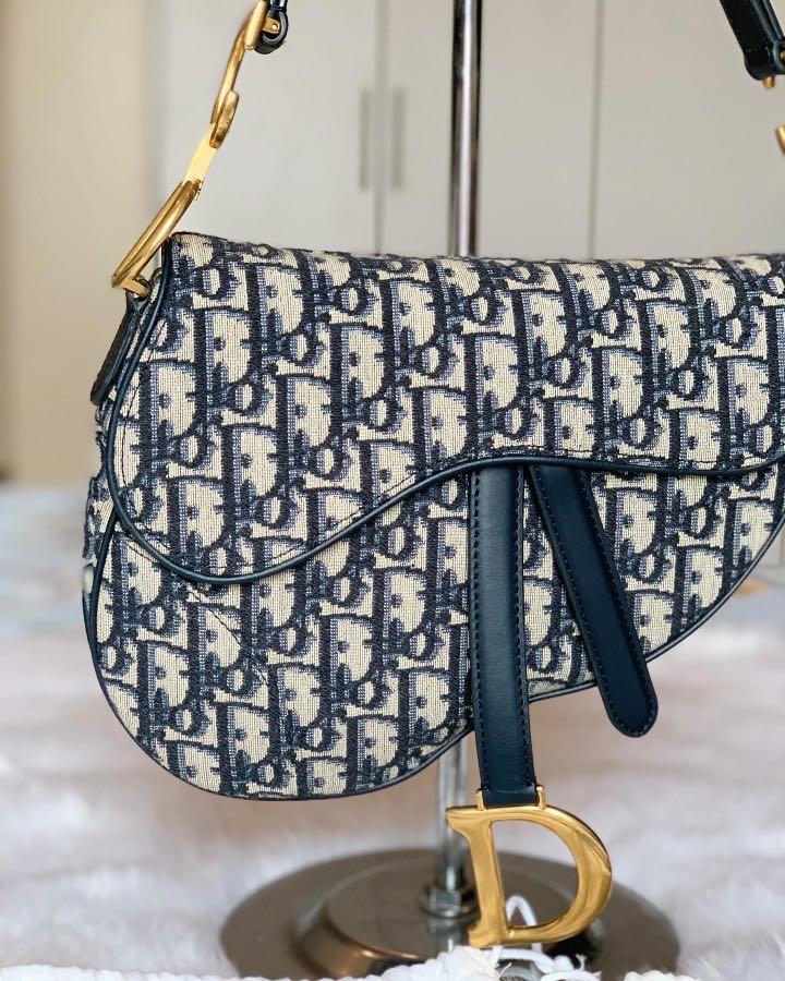 Authentic Christian Dior Saddle Bag Medium In Oblique Blue With