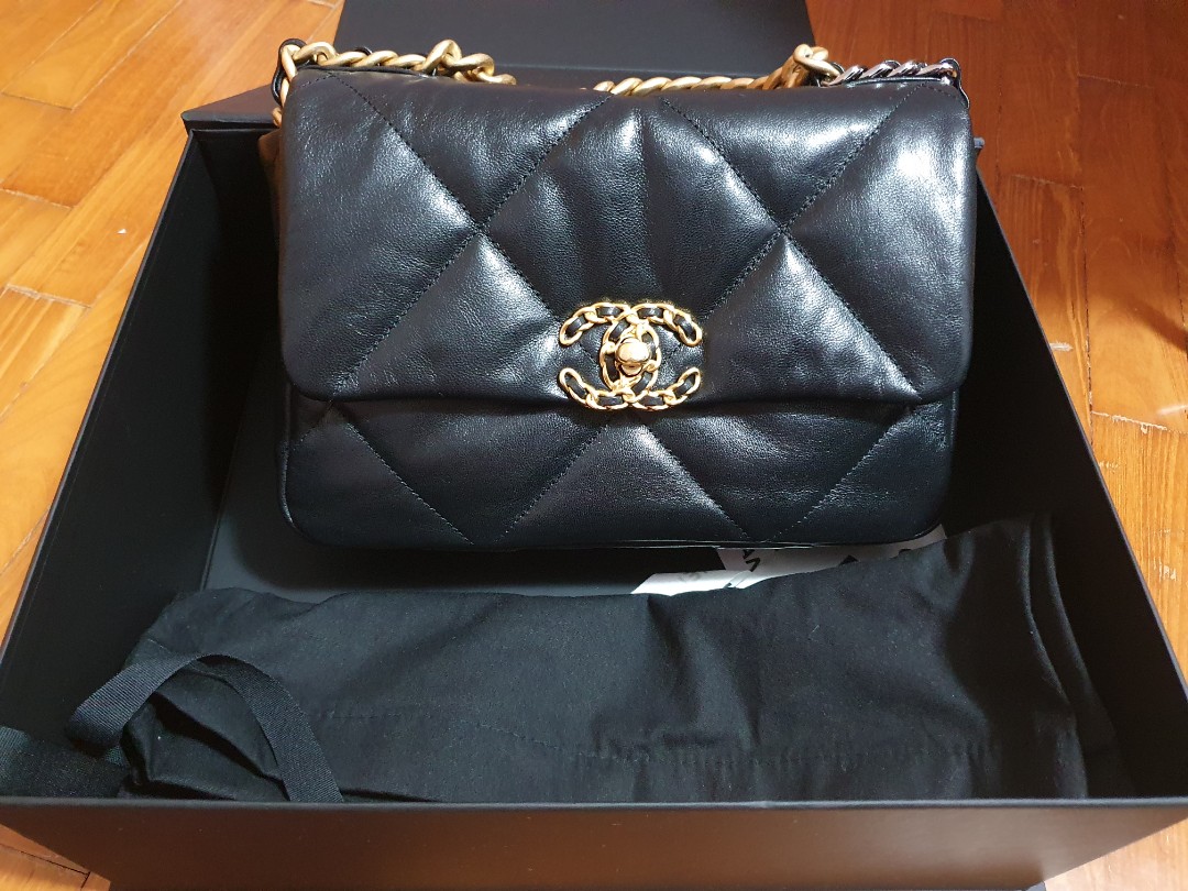 Chanel 19 small handbag black with gold hardware, Luxury, Bags & Wallets on  Carousell