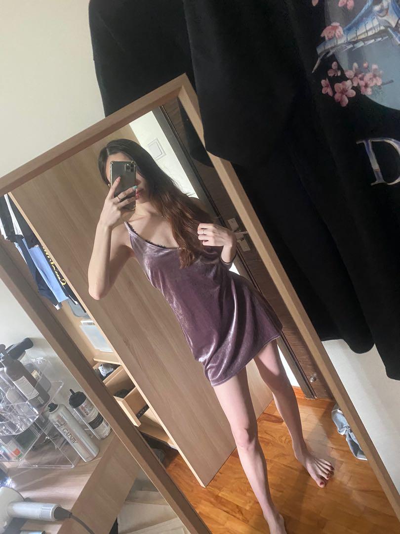 Lioness purple velvet v neck back self tie mini dress Women s Fashion Tops Sleeveless on Carousell