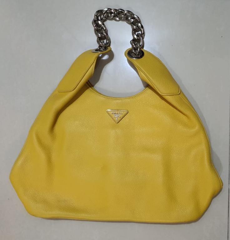 Mustard Yellow Prada Handbag withsSteel chain strap, Women's Fashion, Bags  & Wallets, Cross-body Bags on Carousell