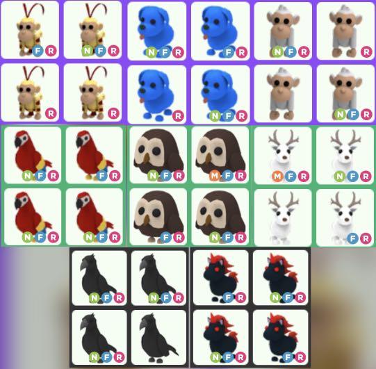 Nfr Pets For Sale Adopt Me Neon Parrot Monkey King Albino Evil Unicorn Crow Arctic Reindeer Blue Dog Owl Toys Games Video Gaming In Game Products On Carousell - details about roblox adopt me legendary neon rideable unicorn