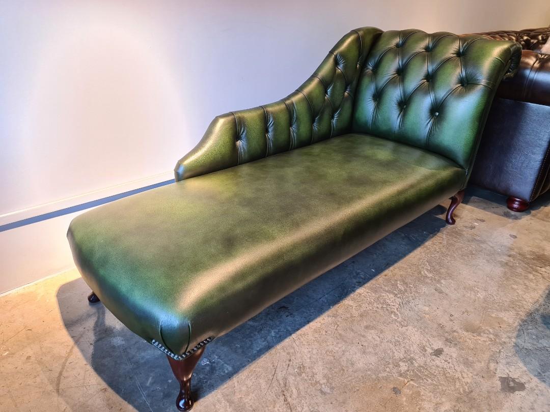 PO Chesterfield Full Grain Leather Chaise Lounge in Antique Green