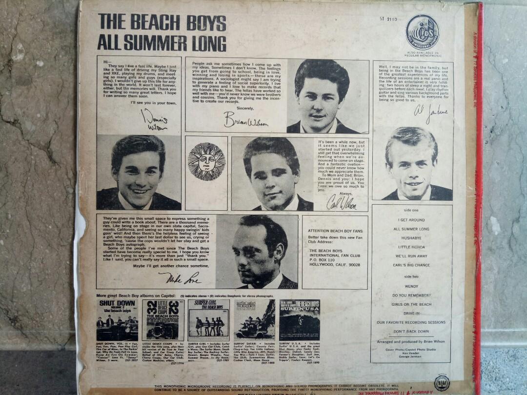The Beach Boys LP Vinyl Plaka (Category: Vinyls) located in Manila. Submitted by kinganalog (Listing ID 1040429300, Image 2). Description: The Beach Boys LP Vinyl All Summer Long album, cover G tapes on sides, media VG visible hairline. Made in USA. Shipping nationwide, payment can be made via Gcash or Unionbank, COD is okay at buyer's account. Check out fb page King Analog. Our shop is now open to serve you located at Metrocor Homes B las Pinas 