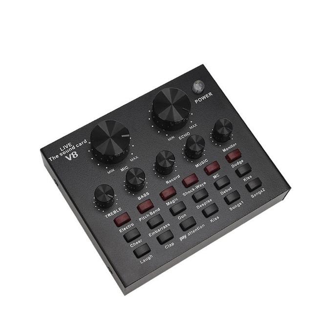 ORIGINAL V8 Sound Card Condenser (Category: Soundbars, Speakers & Amplifiers) located in Manila. Submitted by sdfsolutions (Listing ID 1040451660, Image 1). Description: Feature: 1. 12 kinds of electric sound, 8 kinds of sound effects, 6 kinds of effect modes. 2. Reverberation size adjustment, microphone volume adjustment, high bass adjustment, recording volume control, music volume control, monitoring volume control (earphone function). 3. Suppo
