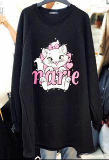 聖誕禮物🐱RooRoo 正韓 korea  韓國製 刷毛黑色大學T shirt 瑪麗貓 Marie Cat🐱長版 over寬版 Marie Cat