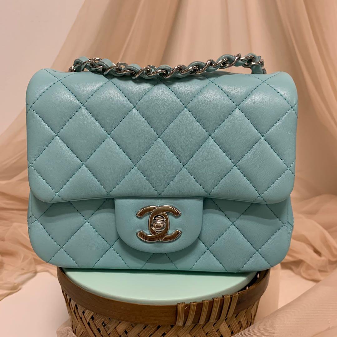 Chanel Classic mini square flap bag in Tiffany blue and silver hardware