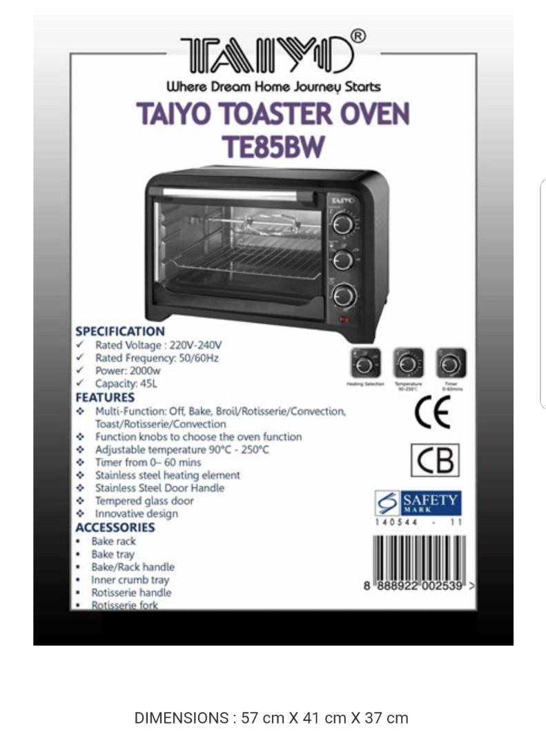 Large Electric Toaster Oven 45L, TAIYO TE85BW, TV & Home Appliances