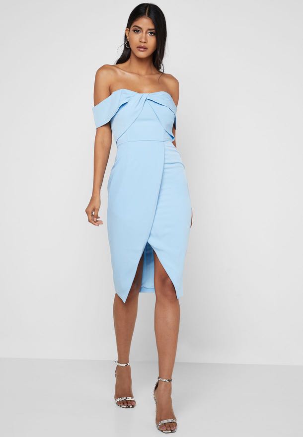 Lavish Alice Baby Blue Bardot Wrap Off Shoulder Dress